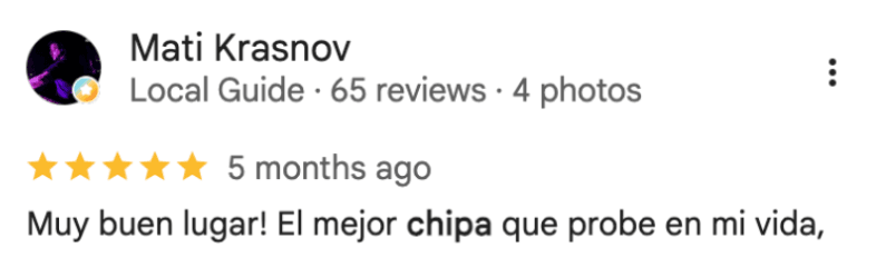 Reseña de Mati Krasnov en Google: “Muy buen lugar! El mejor chipa que probe en mi vida,”